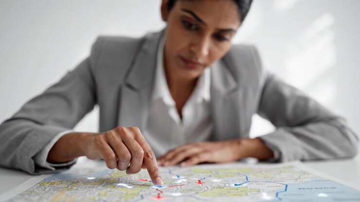 Focused Professional Strategizes Using a Detailed Map to Plan Routes and Locations for an Upcoming Project in a Bright, Minimalist Office Environment