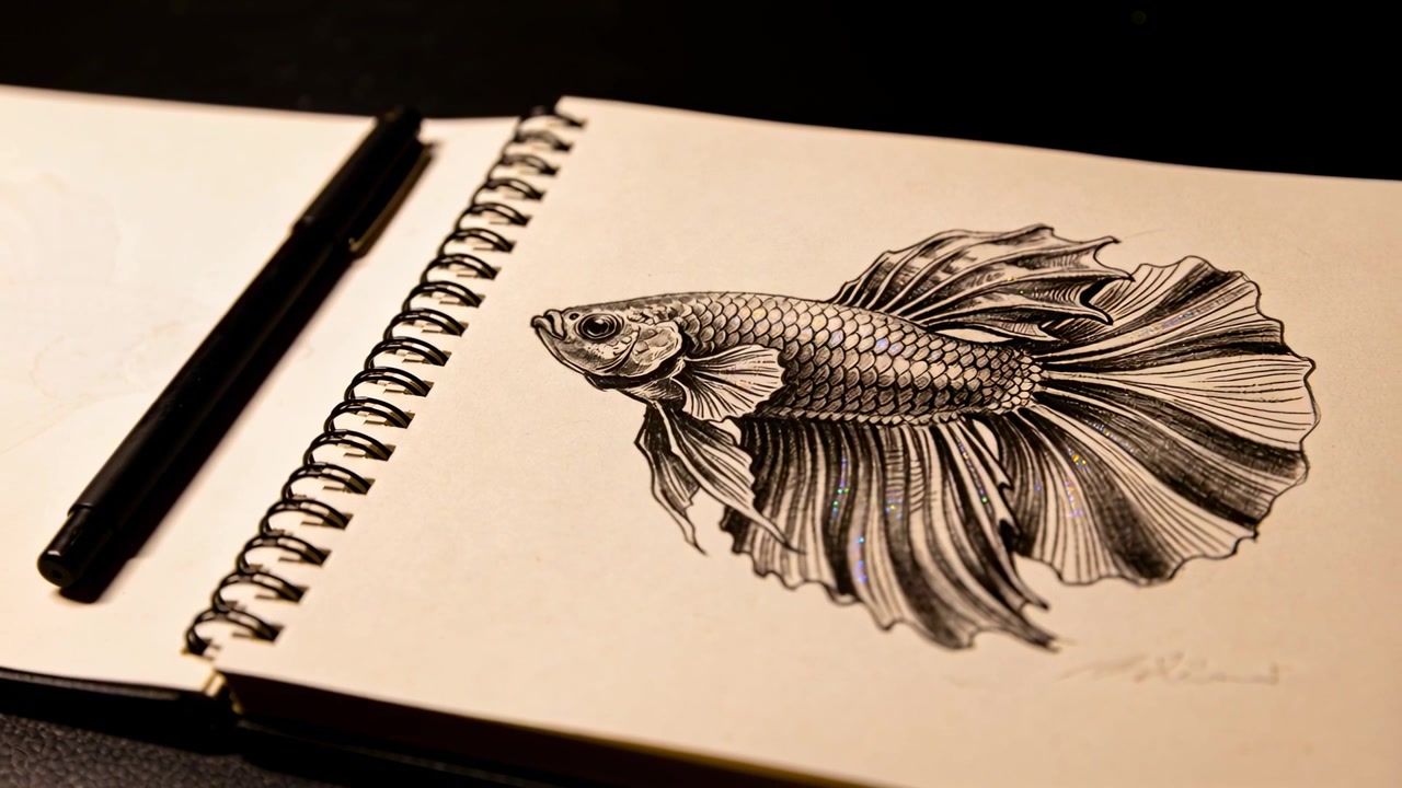 Punto di vista che si sposta su un quaderno da disegno scuro, evidenziando un disegno a inchiostro di betta, penna, firma.