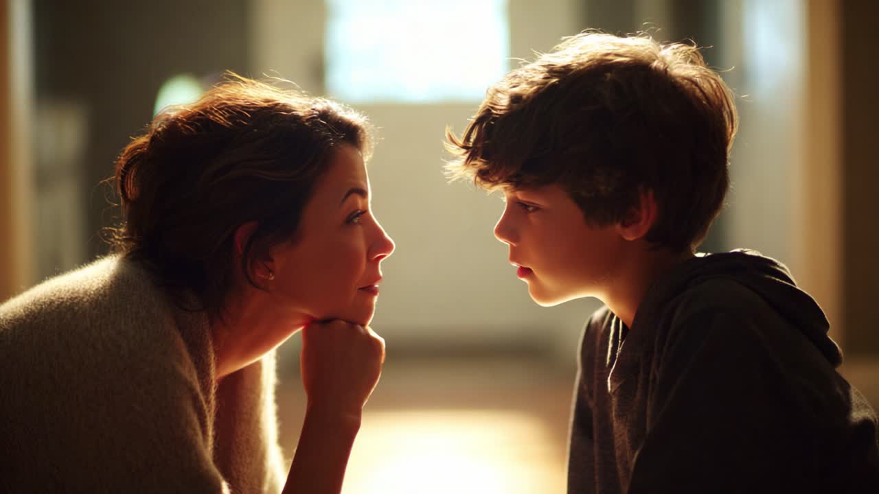 A Heartfelt Conversation Between a Mother and Her Son, Capturing the Intimacy and Connection in Their Eyes While They Share a Moment of Understanding and Affection in a Quiet Setting
