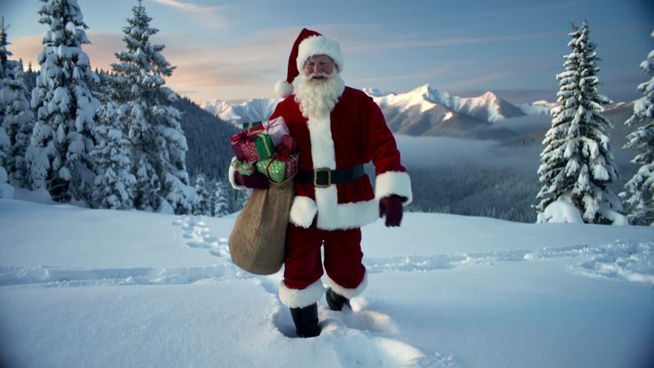 Stepping into mountain clearing, Santa Claus walking forward delivering wrapped gifts with sack