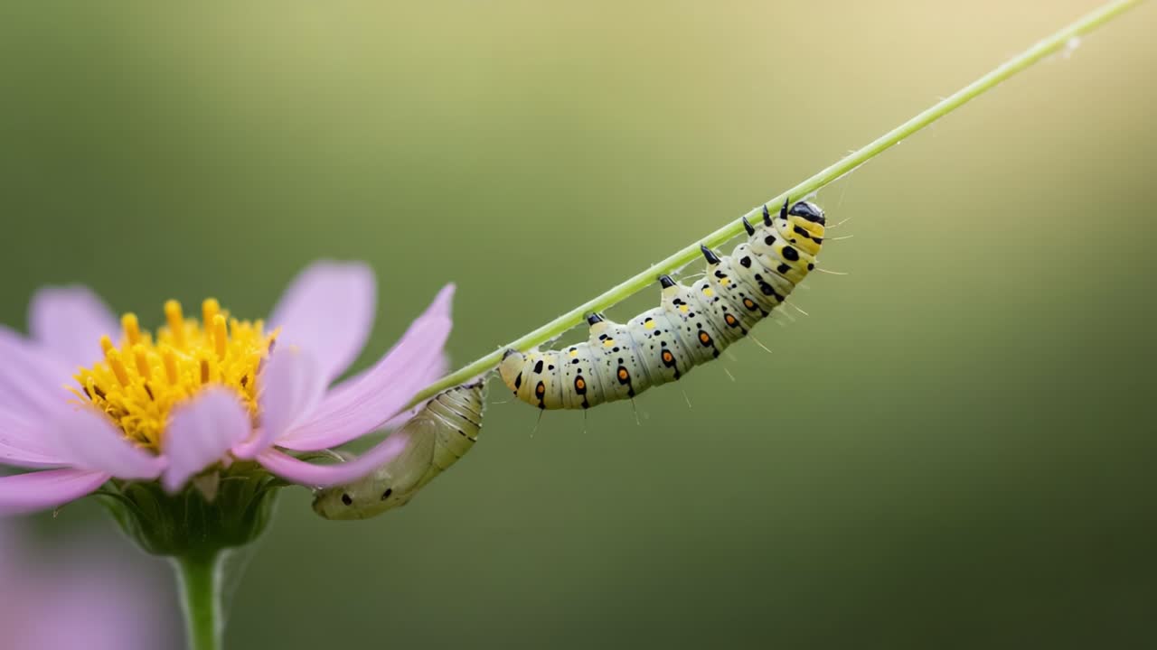 Caterpillar Transformation: A Close-Up Journey from Larva to Chrysalis on a Flower Stem Capturing the Essence of Nature's Lifecycle