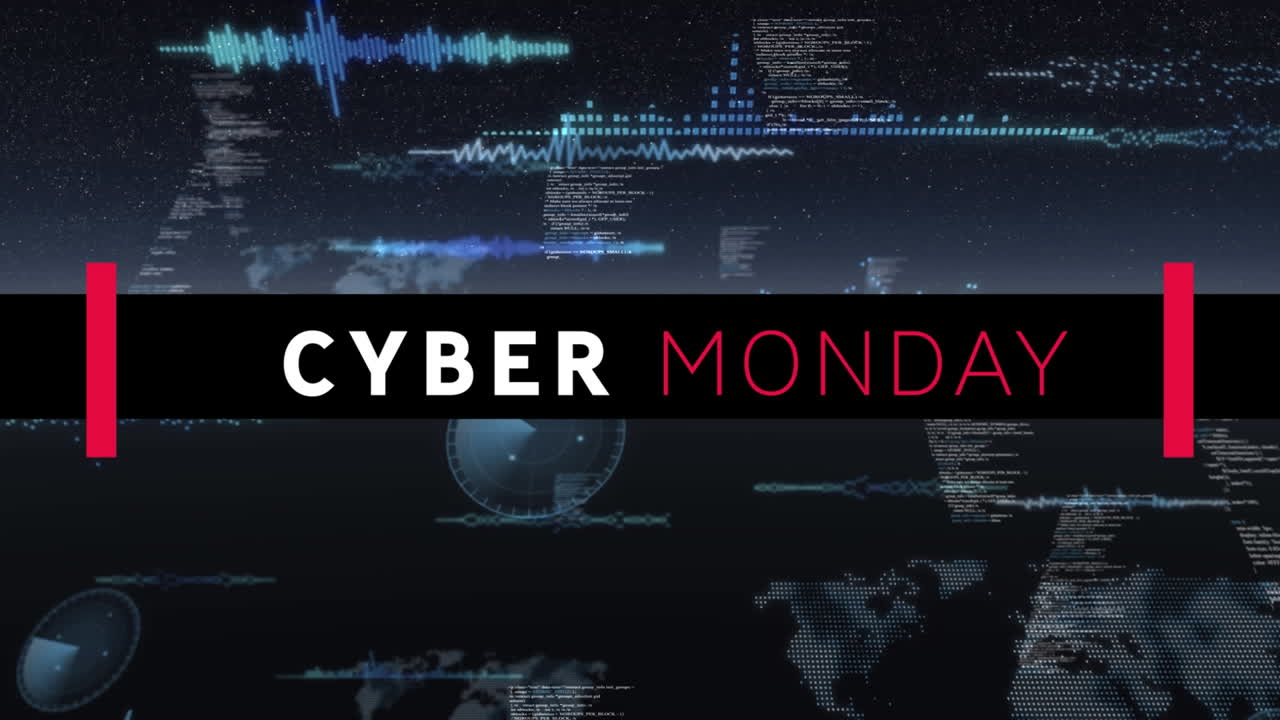 animación digital del banner de texto de cyber monday contra múltiples escáneres redondos y procesamiento de datos