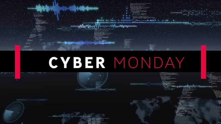 Digital animation of cyber monday text banner against multiple round scanners and data processing