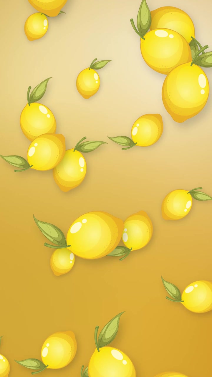 Limoni gialli stilizzati con foglie verdi cadono continuamente su uno sfondo sfumato a rete giallo caldo.