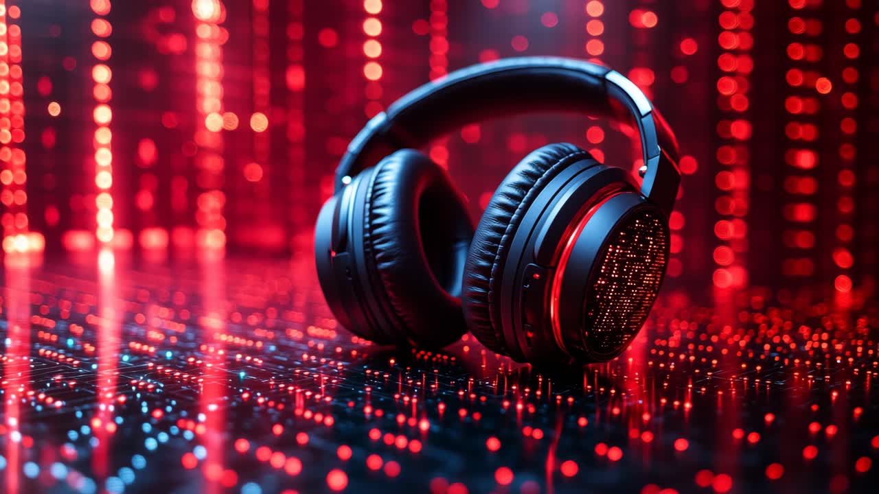 Black headphones on a screen. Black headphones rest on a geometric surface, illuminated by vibrant red and blue digital lights around them.