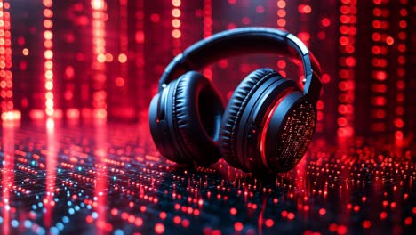 black headphones on a screen. black headphones rest on a geometric surface, illuminated by vibrant red and blue digital lights around them.