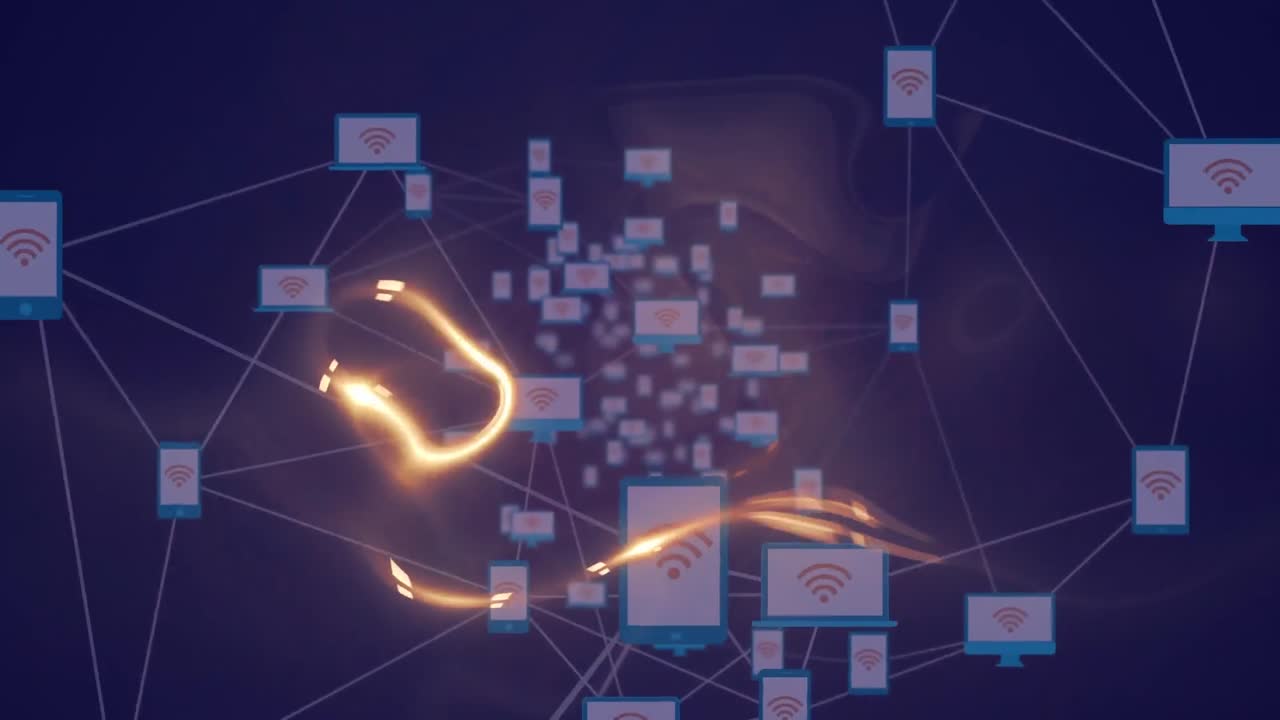 animación de un rastro de luz brillante sobre una red móvil de símbolos wifi, sobre un fondo oscuro