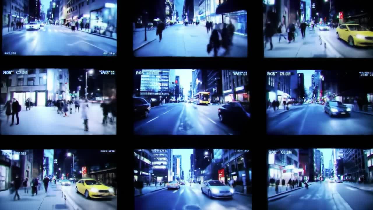 A Captivating Glimpse of Urban Life: A Sequence Showcasing Busy City Streets Through Multiple Surveillance Camera Angles