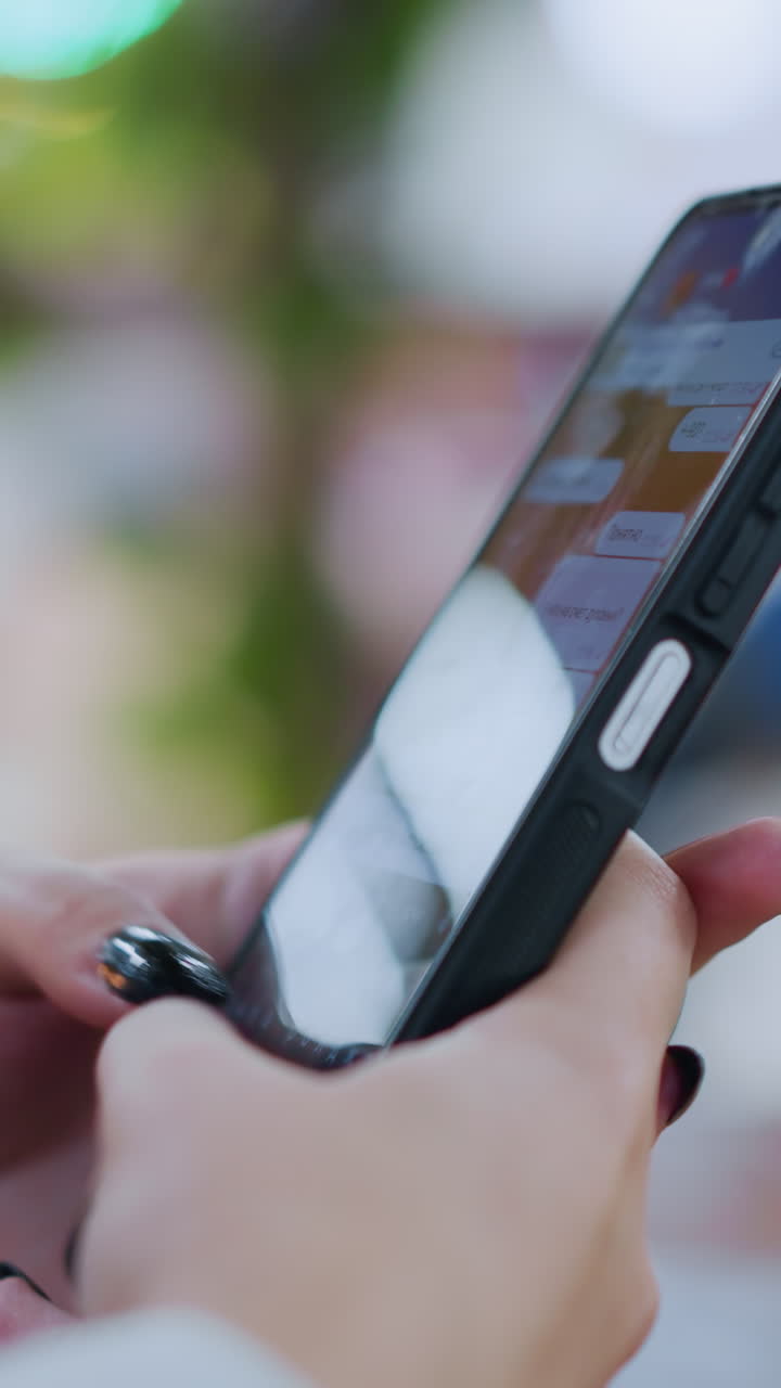 primer plano de la mano de la dama con uñas pintadas de negro hablando en el teléfono inteligente contra un fondo borroso suave y vibrante con luces bokeh, capturando un momento de interacción digital en un entorno moderno