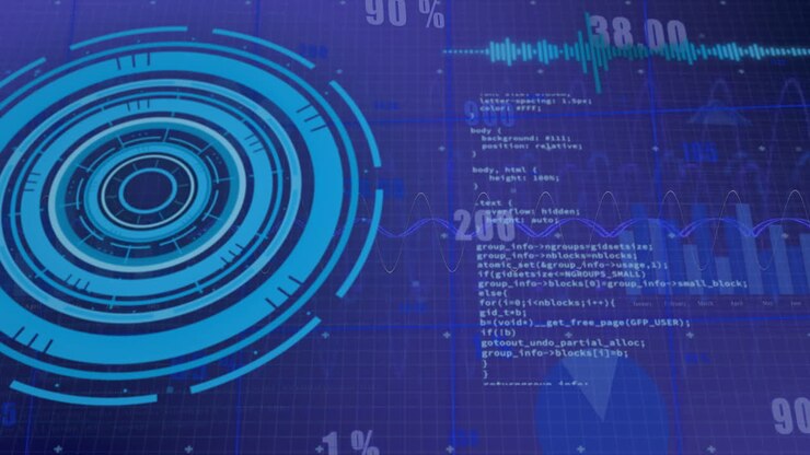Animation of scope and data processing over purple background