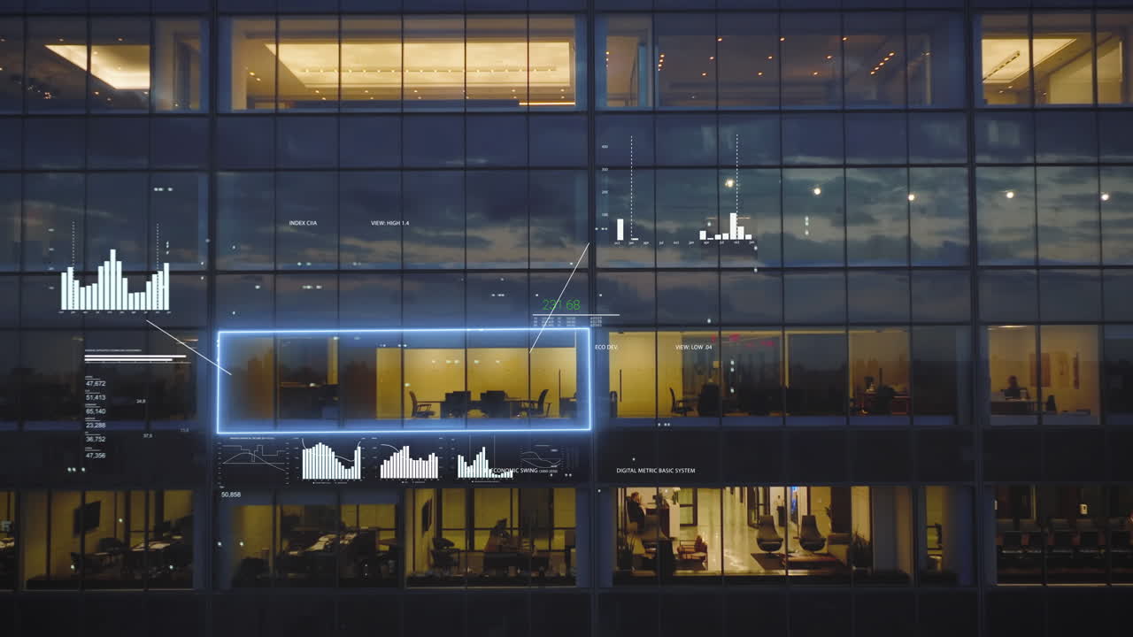 Office window with pop up data, charts and figures - 3D digital overlay - Aerial speed ramp