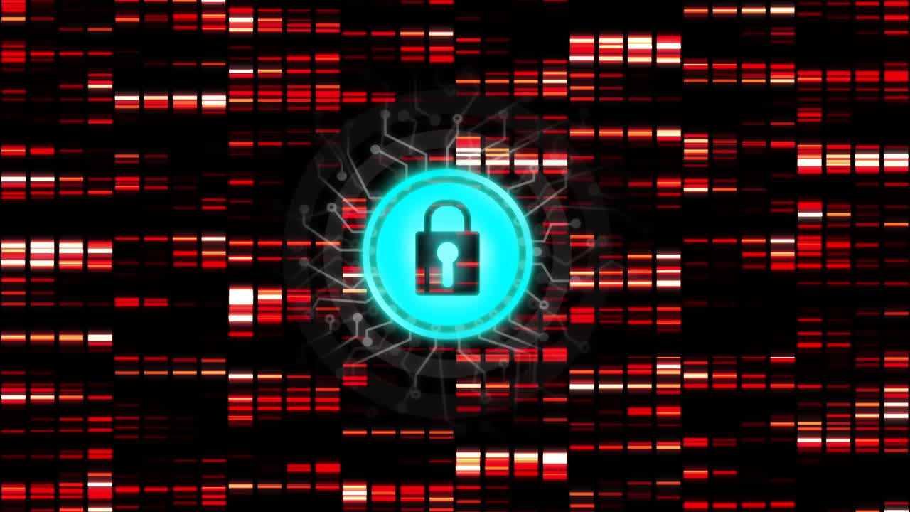animación de la red de conexiones con candado de seguridad en línea sobre fondo oscuro