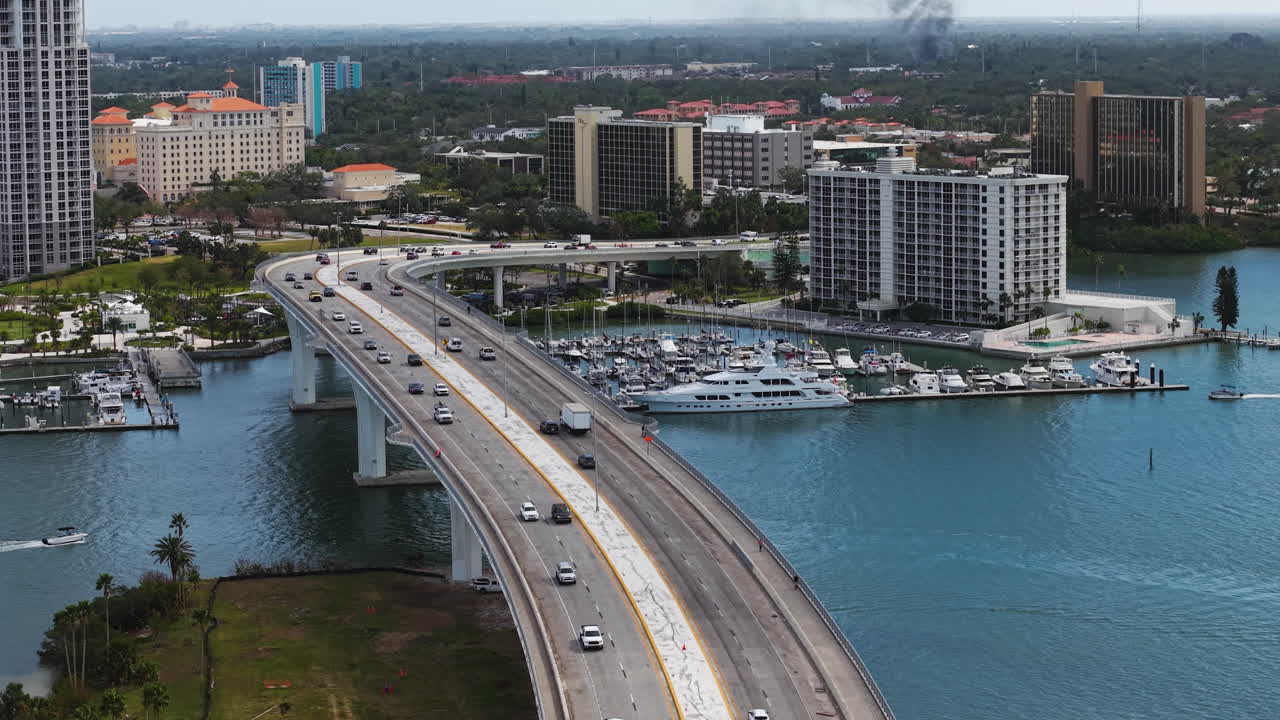 Aerial view of traffic on the Causeway Byway and the cityscape of Clearwater