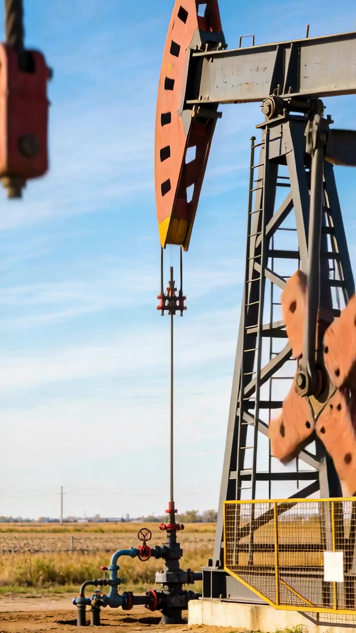Pump jack oscillating while crank counterweight rotation initiating polished rod lift, pumping oil