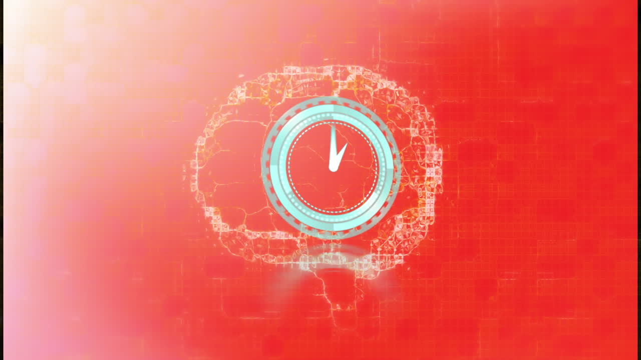 Animation of clock moving over human brain spinning on red background