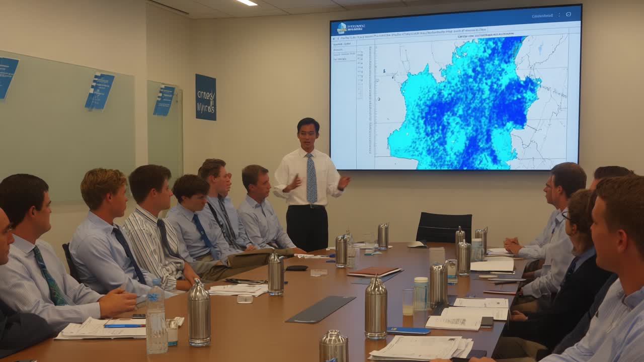 Team Meeting Focused on Data Presentation: Engaging Discussion and Analysis of Visualized Information with Enthusiastic Participants Around a Conference Table