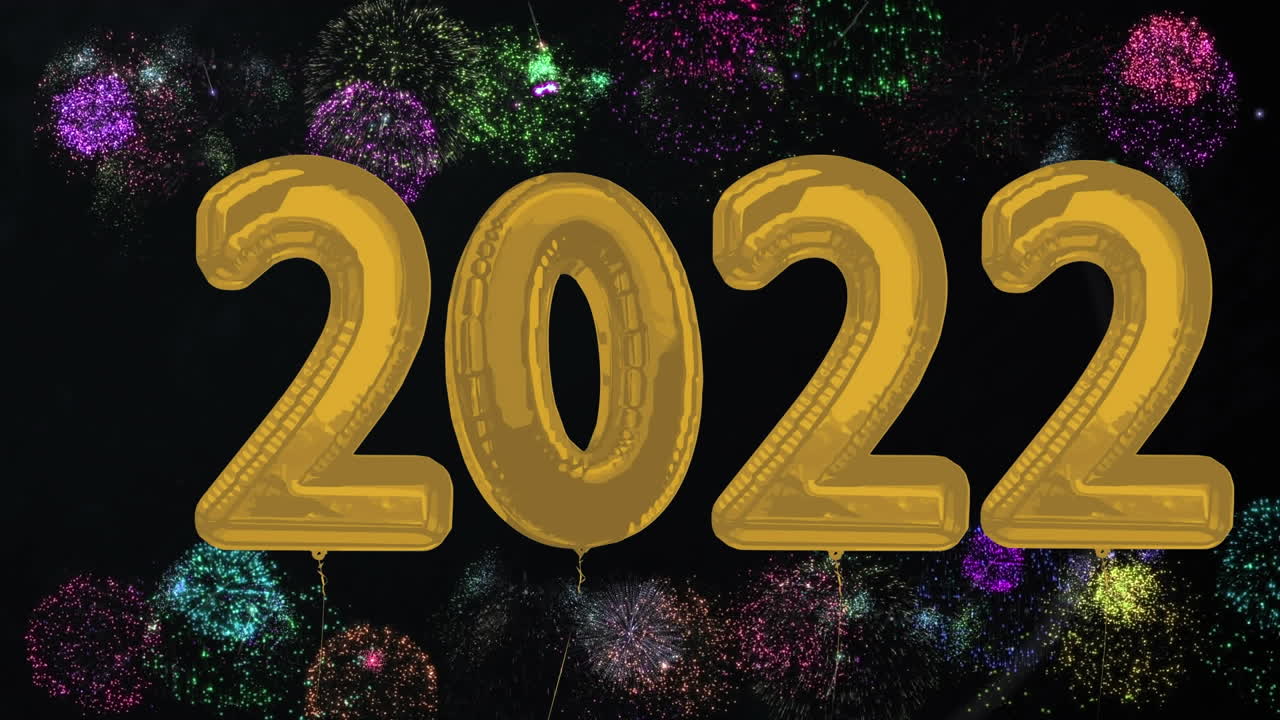 animación de globos y fuegos artificiales de 2022 sobre un fondo negro