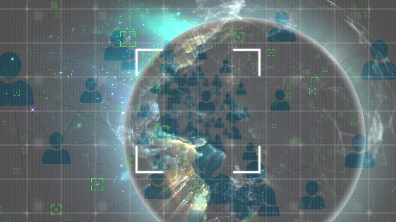 검은 바탕에 전 세계에 있는 아이콘으로 연결된 네트워크의 애니메이션