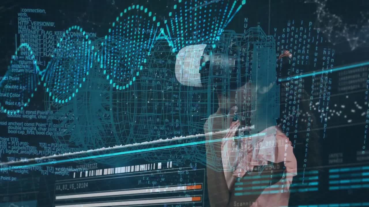 animación del procesamiento de datos sobre una chica afroamericana con auriculares vr