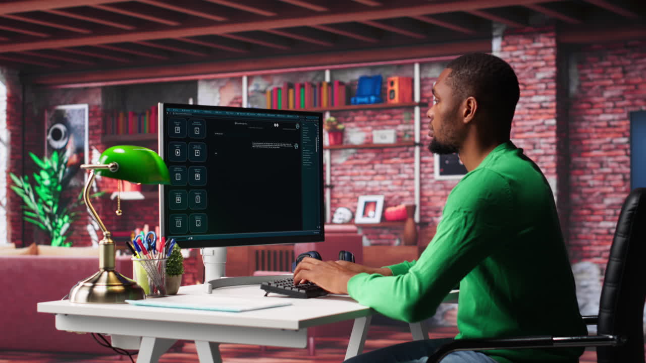 Vertical Video African american guy at home asks questions to AI chatbot virtual assistant