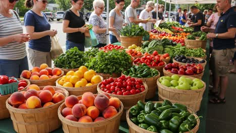 a vibrant farmers market with fresh fruits and vegetables draws enthusiastic shoppers enjoying a colorful display of local produce amidst a lively atmosphere