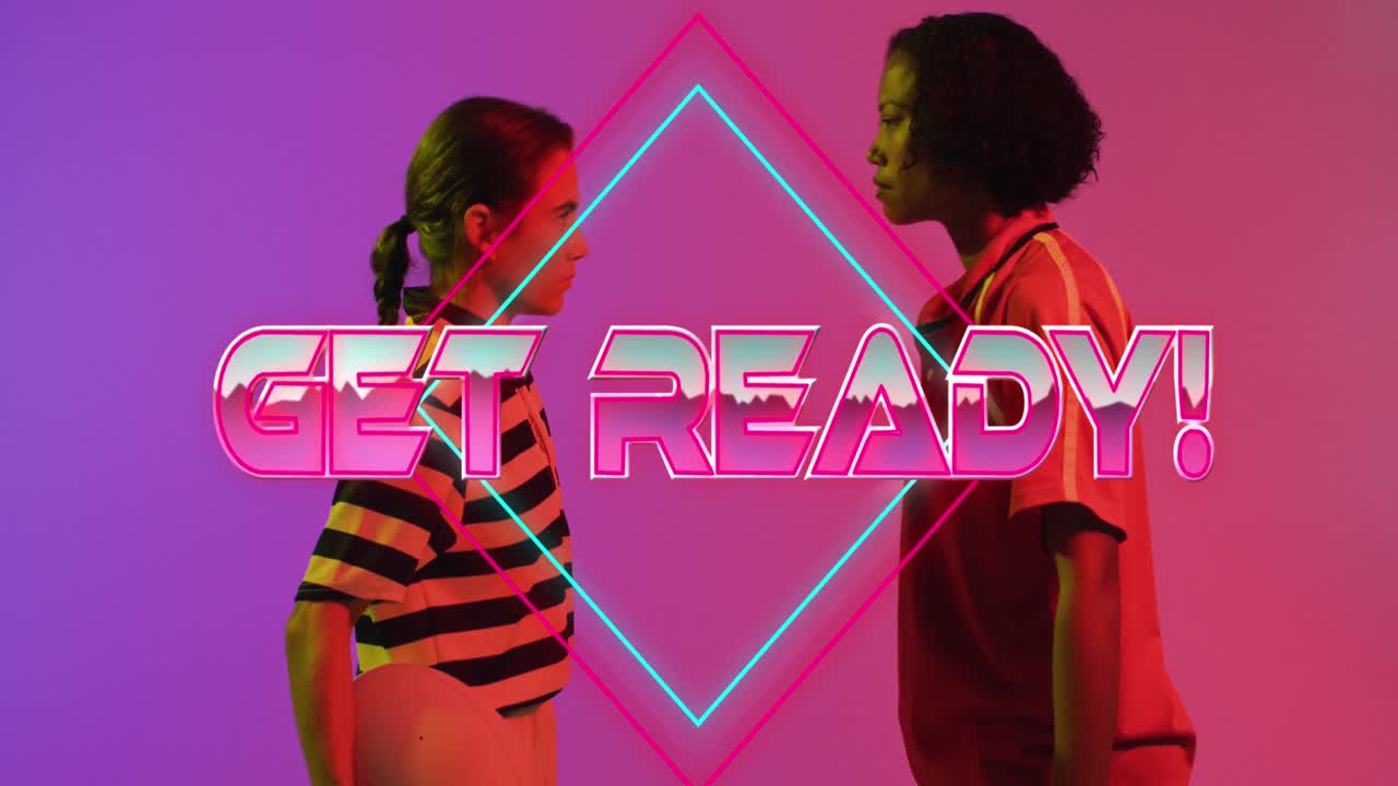 Animation of get ready text over female rugby players on neon background