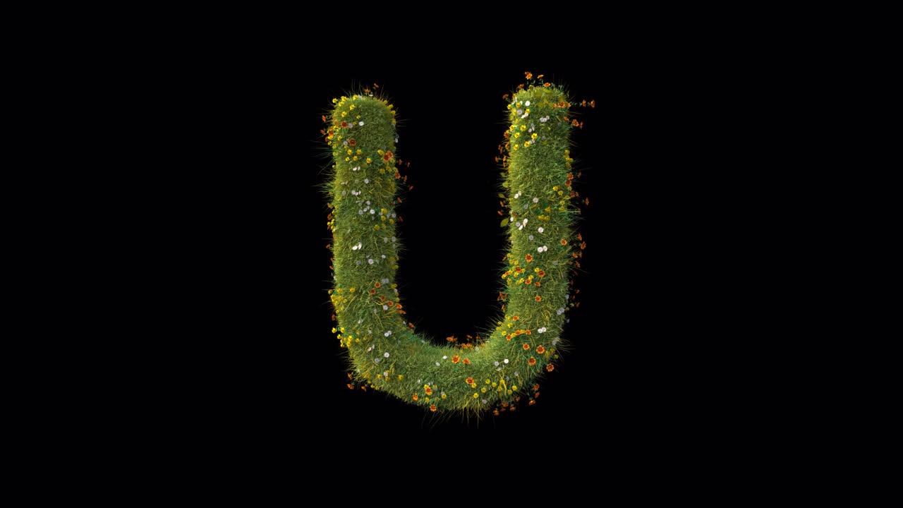 Lettera U animata fatta di erba e fiori in crescita