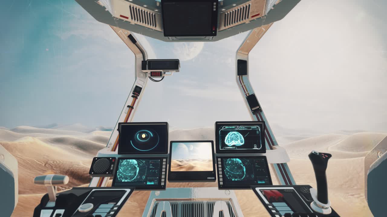 вид из кабины космического корабля - исследование поверхности необитаемой экзопланеты