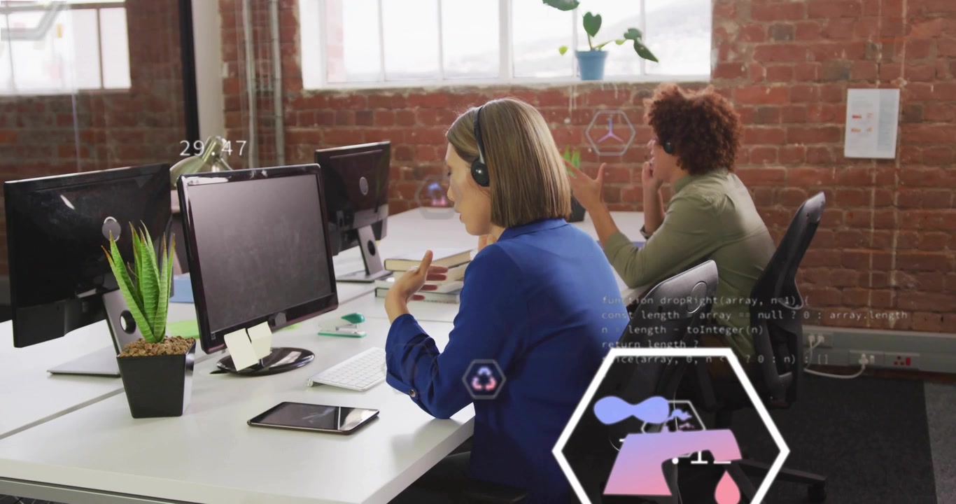 Analyst typing swiping pointing cycling sweeping bar chart icons at desk for analyzing tech stats