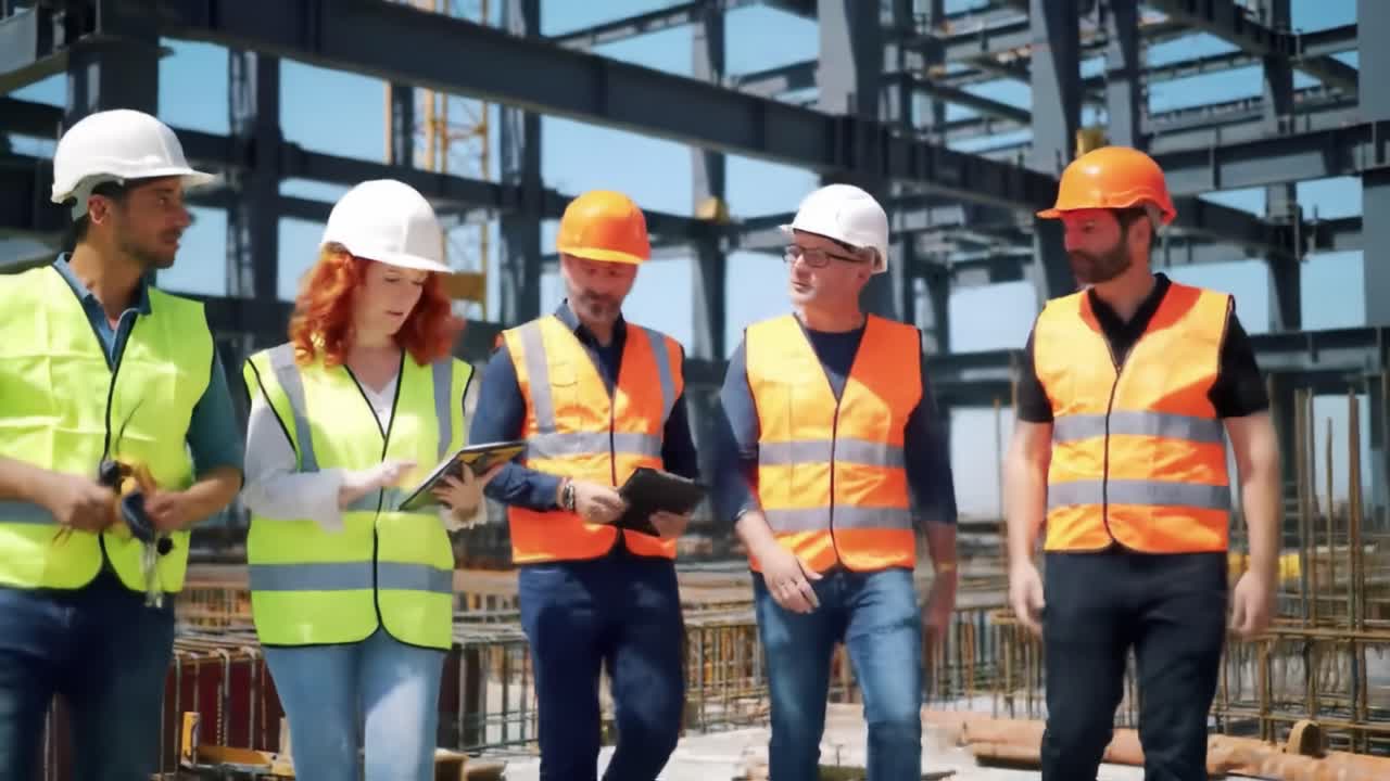 A diverse construction team in safety vests and hard hats reviews plans and discusses work. The bright environment emphasizes teamwork and planning, as they focus on project details.