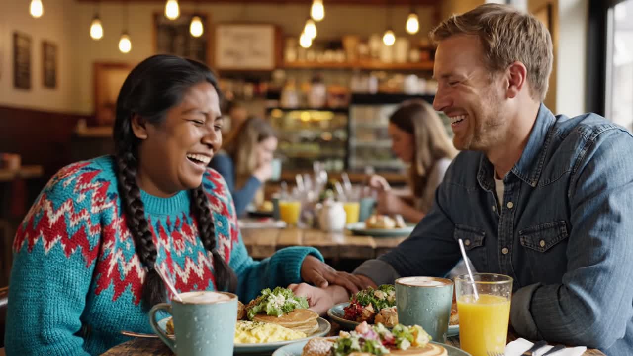 Diverse couple enjoying breakfast and laughter in cafe