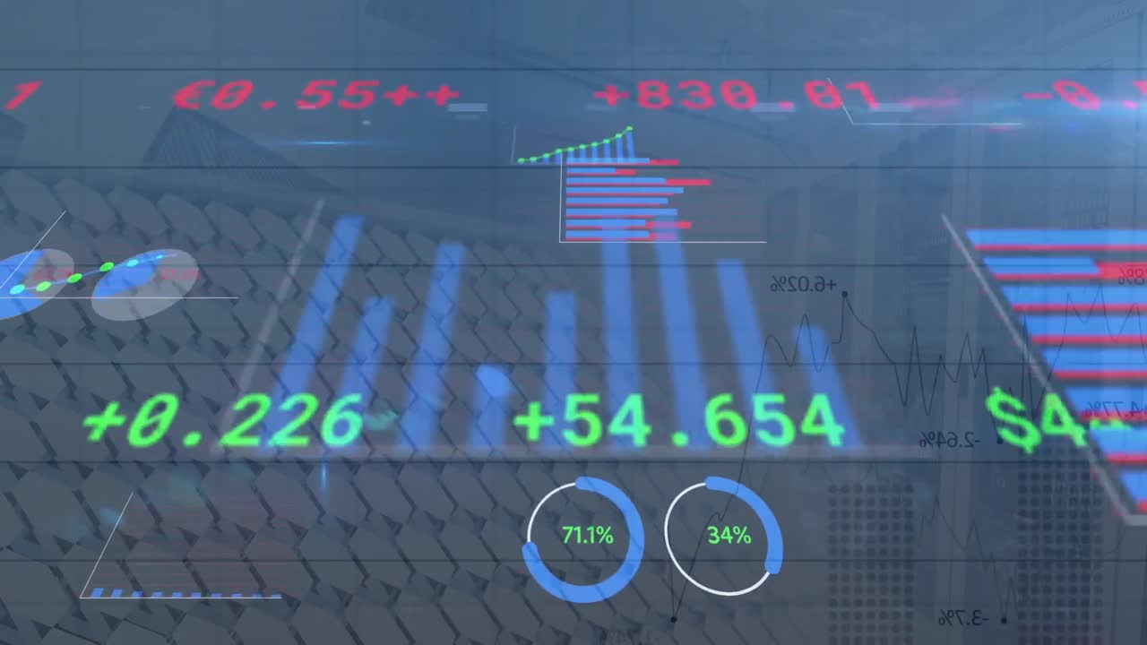 거래 보드의 애니메이션, 다중 그래프, 태양 패널 위의 로딩 서클