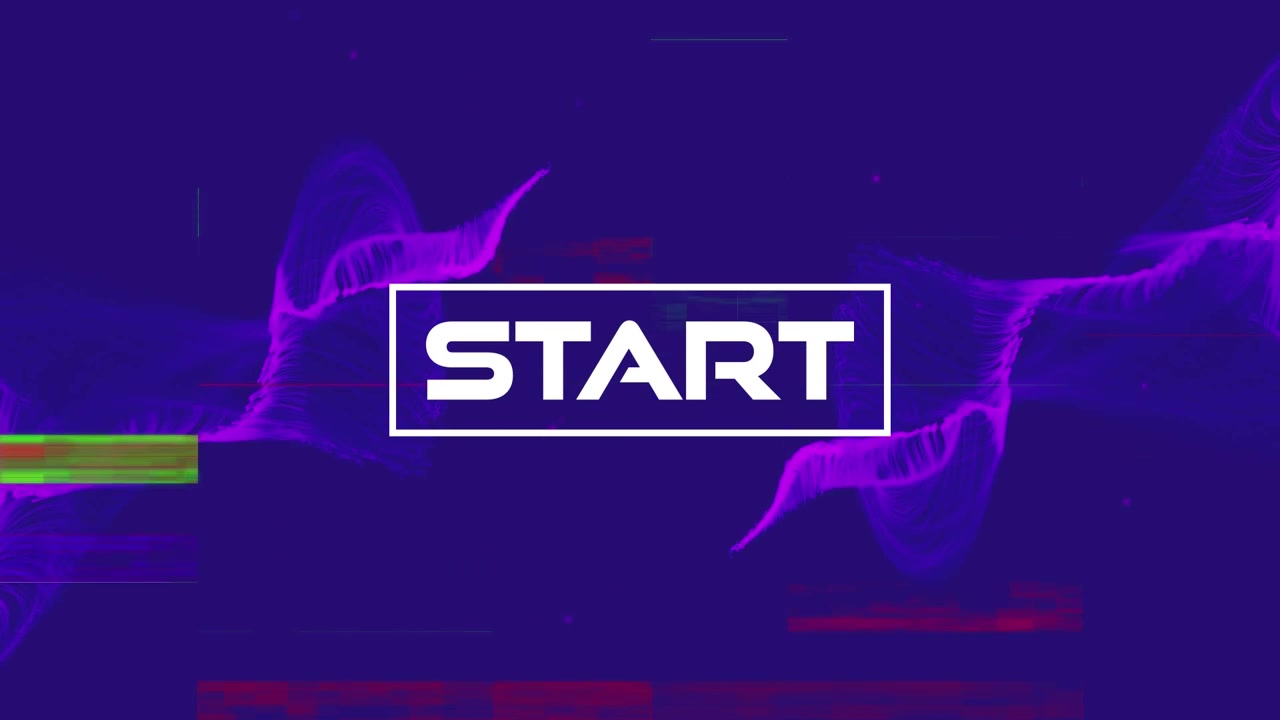 Animation of start text banner with glitch effect over purple digital waves against blue background