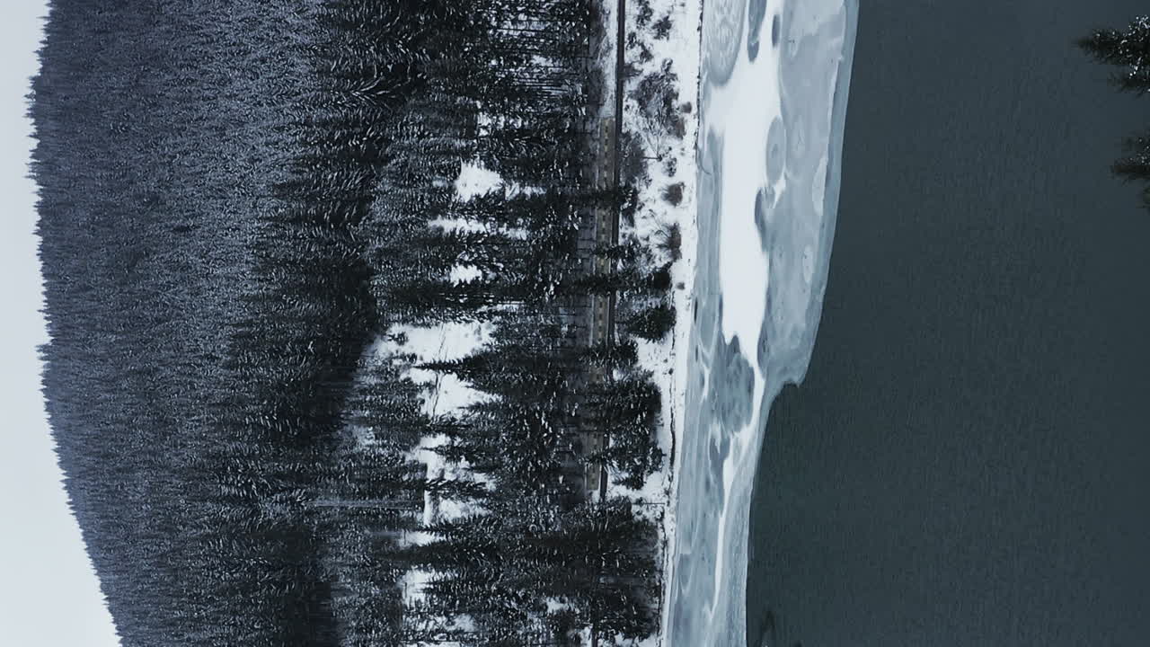 Vertical video: frozen winter river in Romania highlands with snow covered mountain in the background