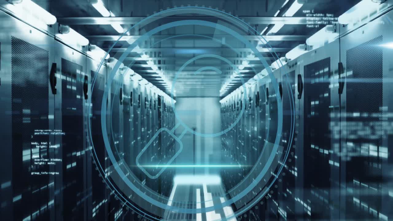 사이버 보안 텍스트 배너와 확대 유리 아이콘의 애니메이션 서버  ⁇ 에 대한 스캔