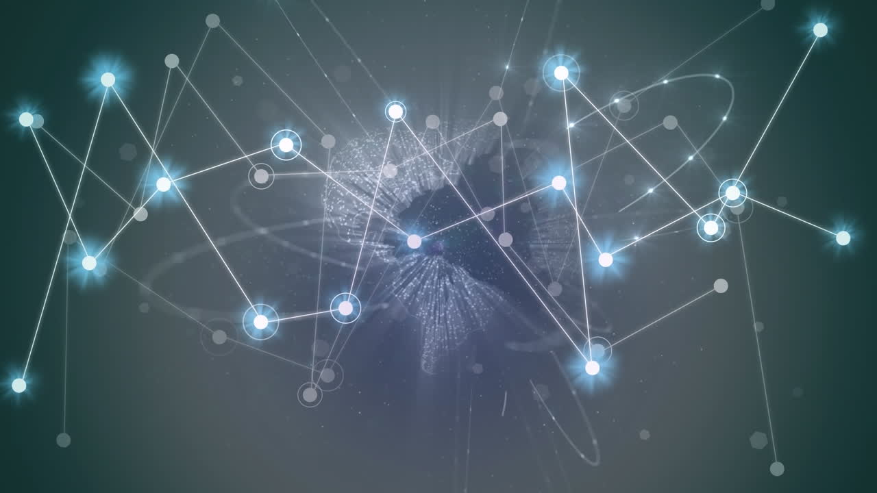 animación de una red brillante de conexiones sobre un globo giratorio contra un fondo gris.