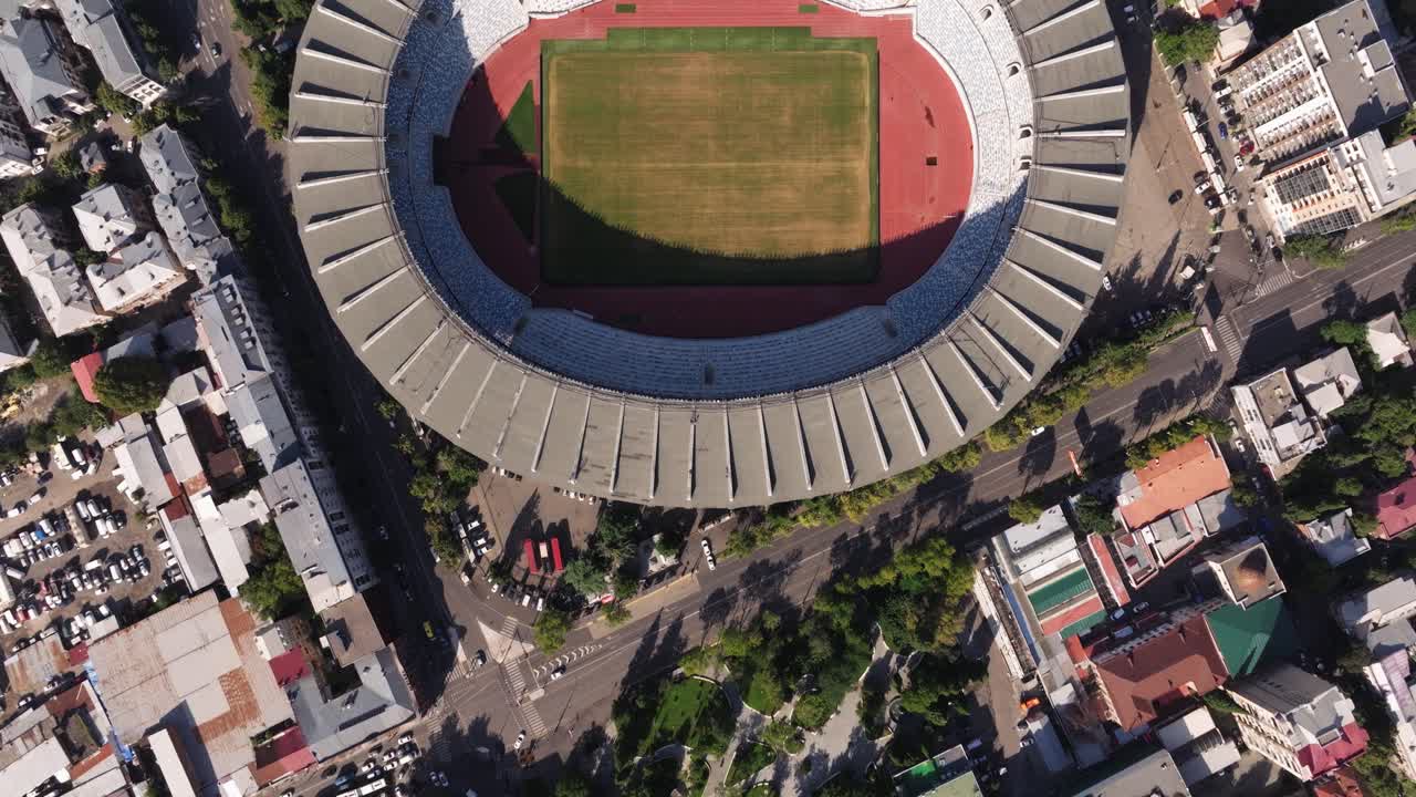 Amazing Top Down Drone View Above Dinamo Tbilisi Football Stadium. Summer