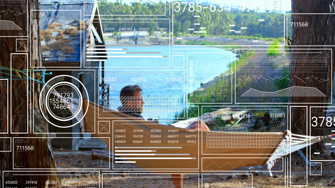 Digital data interface animation over person relaxing by lakeside cabin