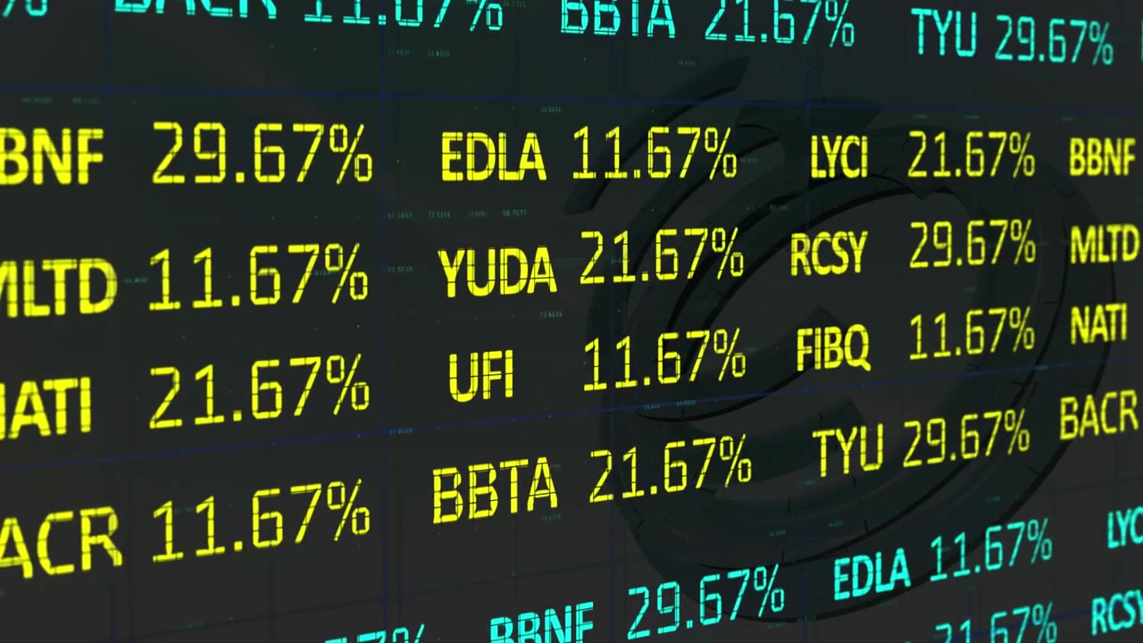 Animazione che mostra statistiche di borsa con numeri blu e gialli su una griglia.