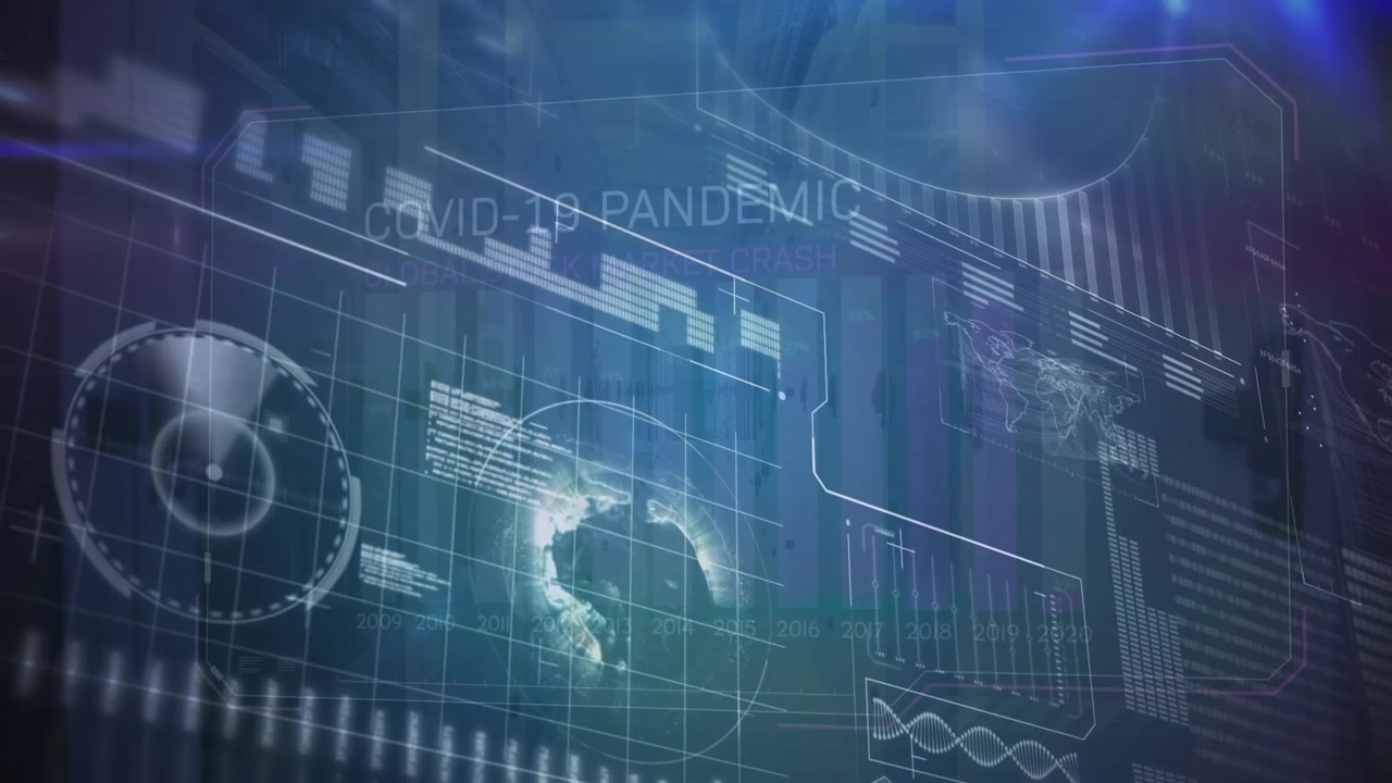 Animation of diverse data processing on digital screen and covid 19 pandemic
