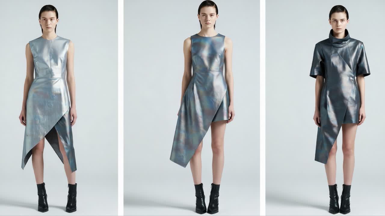 A Stunning Showcase of Modern Fashion: Exploring Innovative Metallic Designs for Women's Wear in a Minimalist Aesthetic Featuring Chic Silhouettes and Textured Fabrics