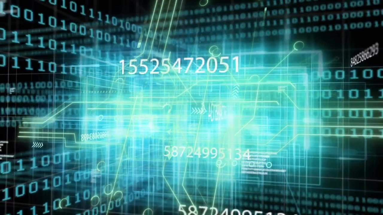Binary stream flowing spawning neon-blue wireframe block pulsing numeric labels updating live data