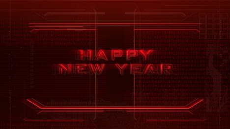 Animation-intro-text-Happy-New-Year-and-cyberpunk-animation-background-with-computer-matrix-numbers-and-grid