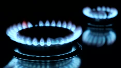 natural gas burning from a kitchen gas stove. blue flame on black background. turning on the cooktop gas cooker, close up