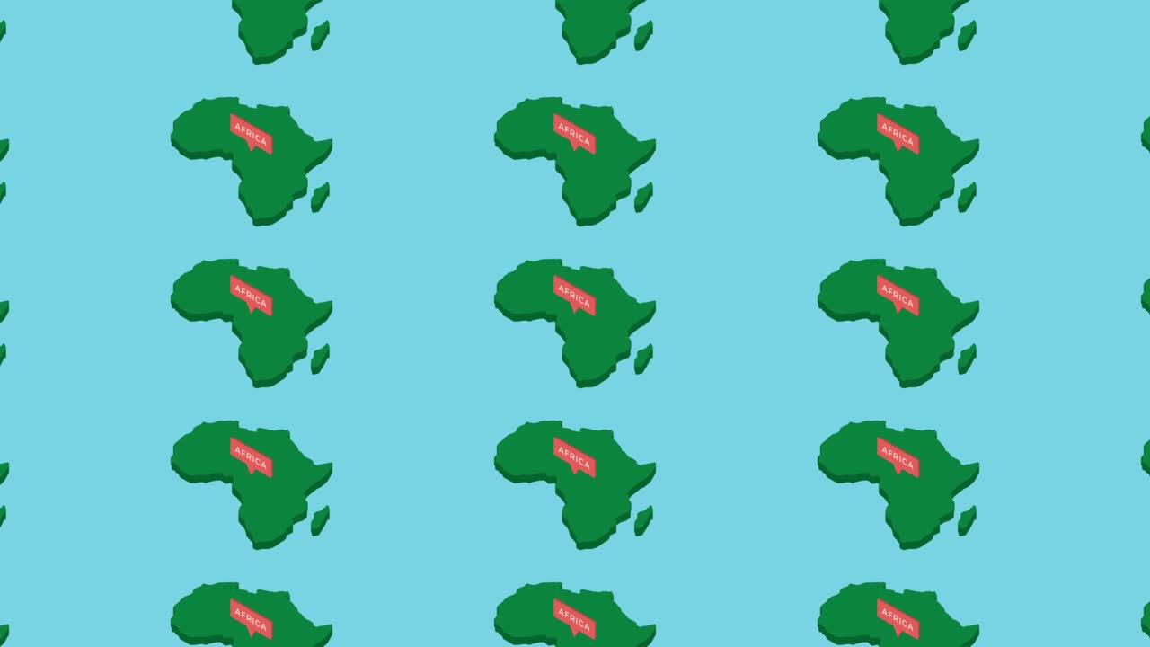 mapas isométricos verdes del continente africano con punteros naranjas en un fondo azul. movimiento horizontal de bucle sin costuras del concepto de mapa geográfico 3d falso