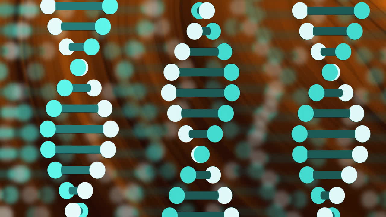 Three stylized helix columns floating against brown backdrop featuring paired teal and cyan circles
