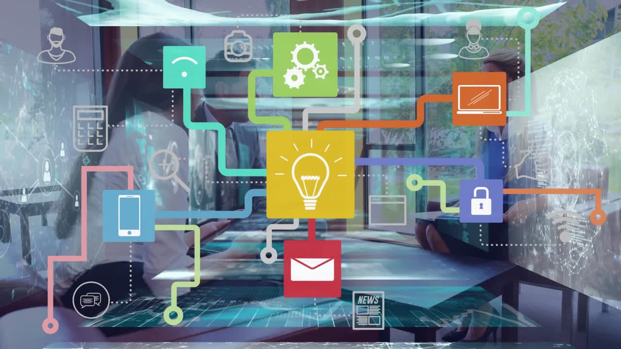 Animation of network of connections with icons and data processing over diverse business people