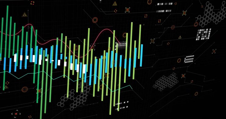 Bars emerging from left and shifting center, while red waveform oscillating showing data flow