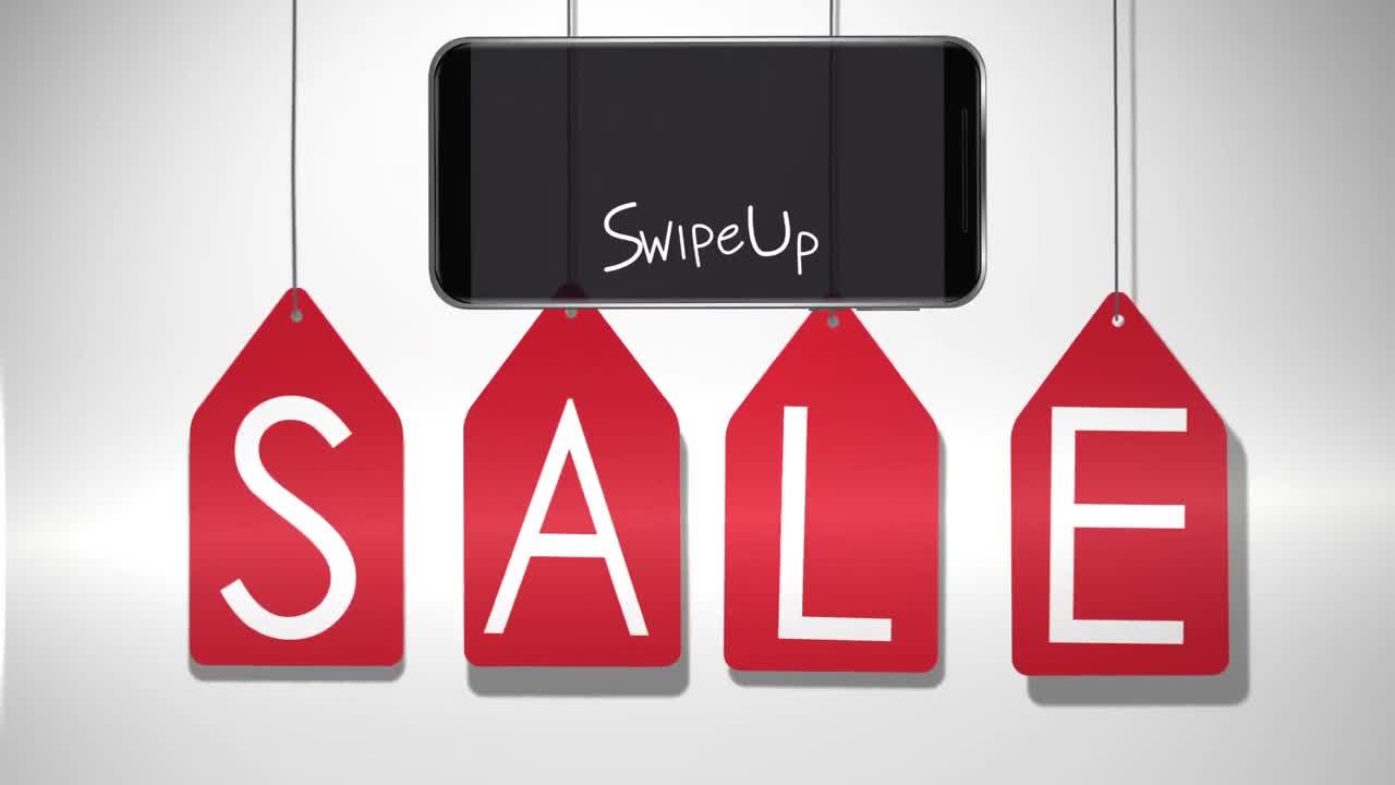 Animation of labels with word Sale falling down and Swipe Up flickering on screen of smartphone