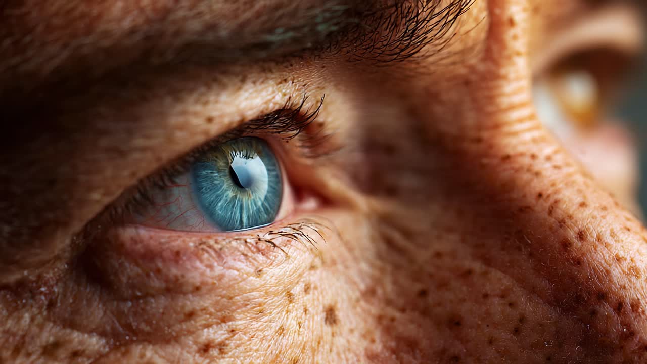 Close-Up Exploration of a Striking Blue Eye, Capturing the Intricate Details of the Iris and the Unique Patterns on the Skin, Showcasing the Beauty of Human Features